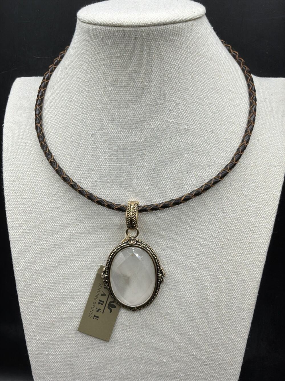 Barse Guinevere Pendant Collar Necklace-Faceted Snow Quartz-Leather-Bronze-NWT